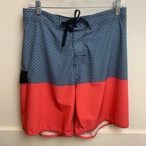 B. Split Red & Blue Colorblock Swim Trunks